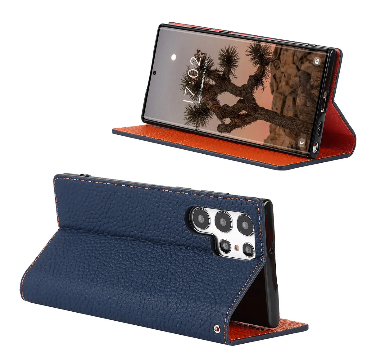 The handfree display of the deep blue Samsung Galaxy Leather Wallet Phone Case