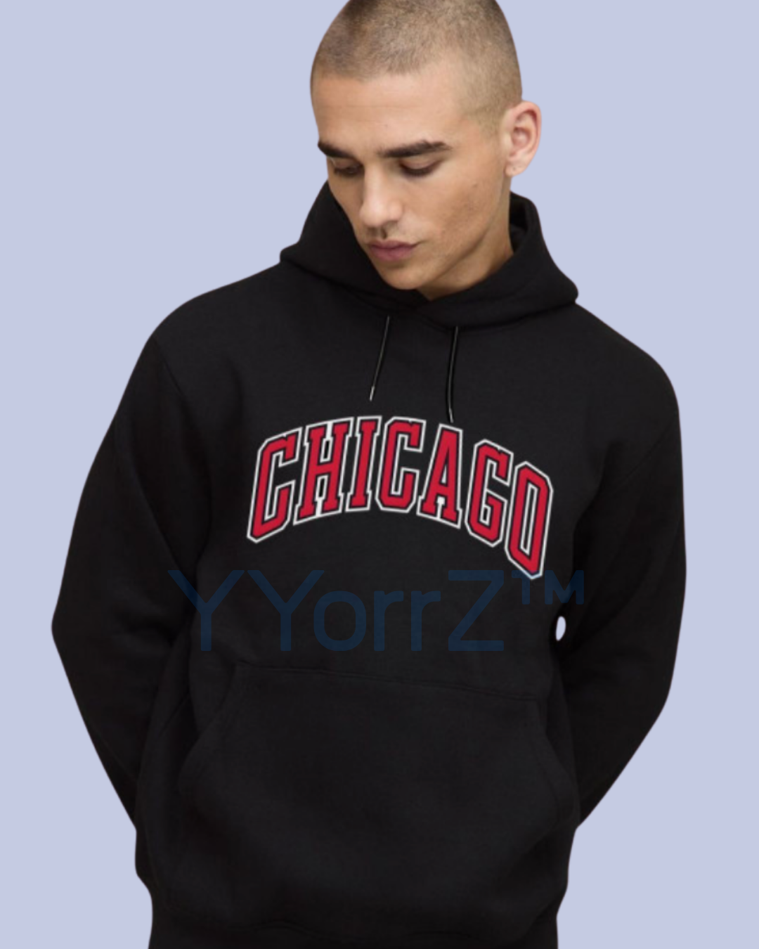 A Model with the Black Retro_Chicago_Collegiate_Pullover_Hoodie