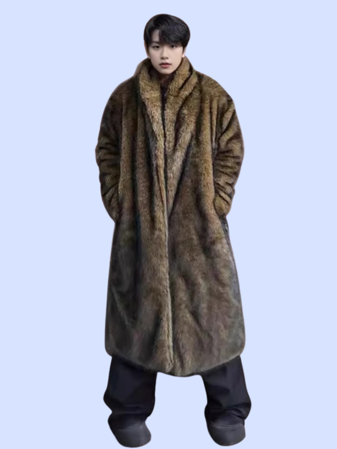 A model showing the front view of the Extra Long Loose Fit Winter Faux Fur Coat
