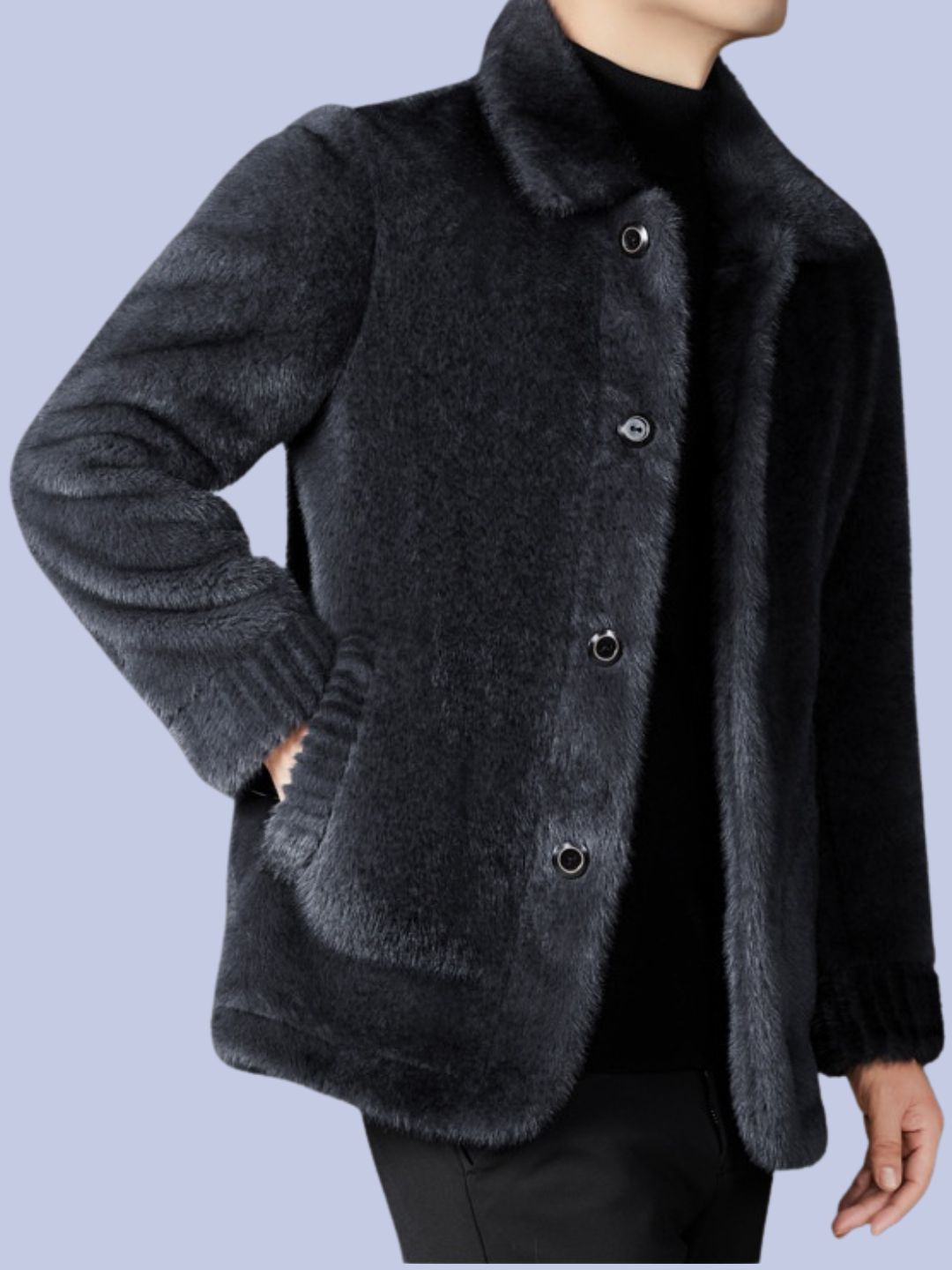 A model shows the slate gray Reversible Faux Fur Polyurethane Leather Jacket