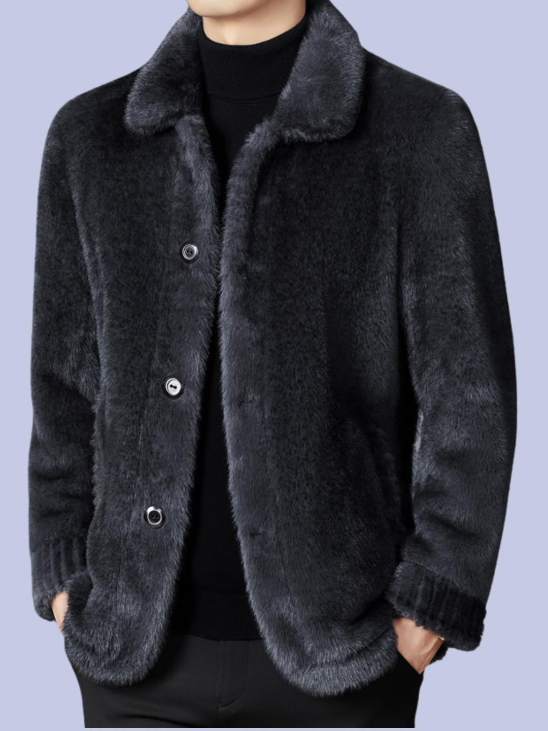 A model wearing the dark espresso brown Reversible Faux Fur Polyurethane Leather Jacket