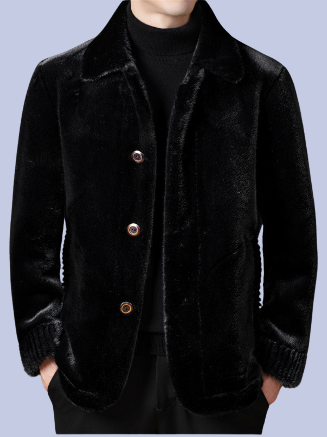 A model wearing the rich black Reversible Faux Fur Polyurethane Leather Jacket