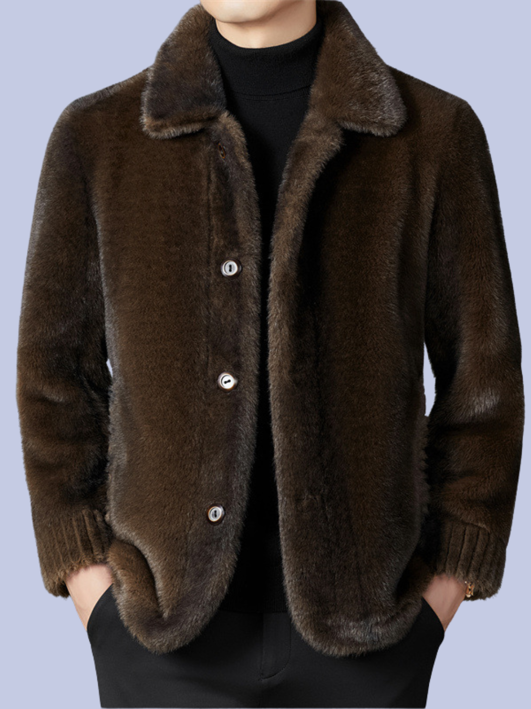 A model with the dark espresso brown Reversible Faux Fur Polyurethane Leather Jacket