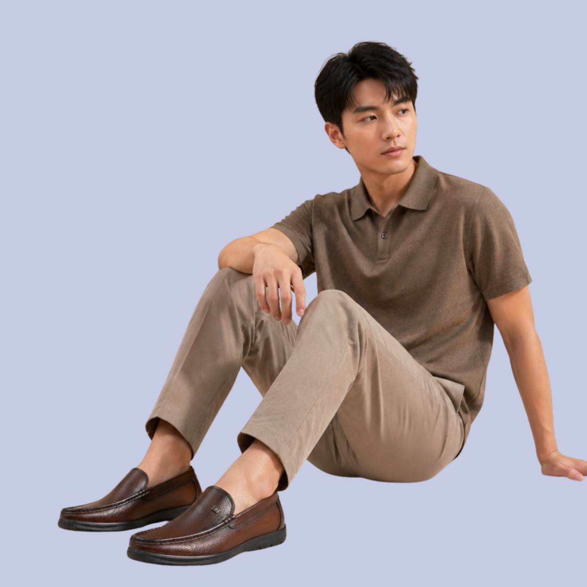 A model with the chestnut brown Details of the Men's Full-Grain Leather Dress Slip-On Loafers