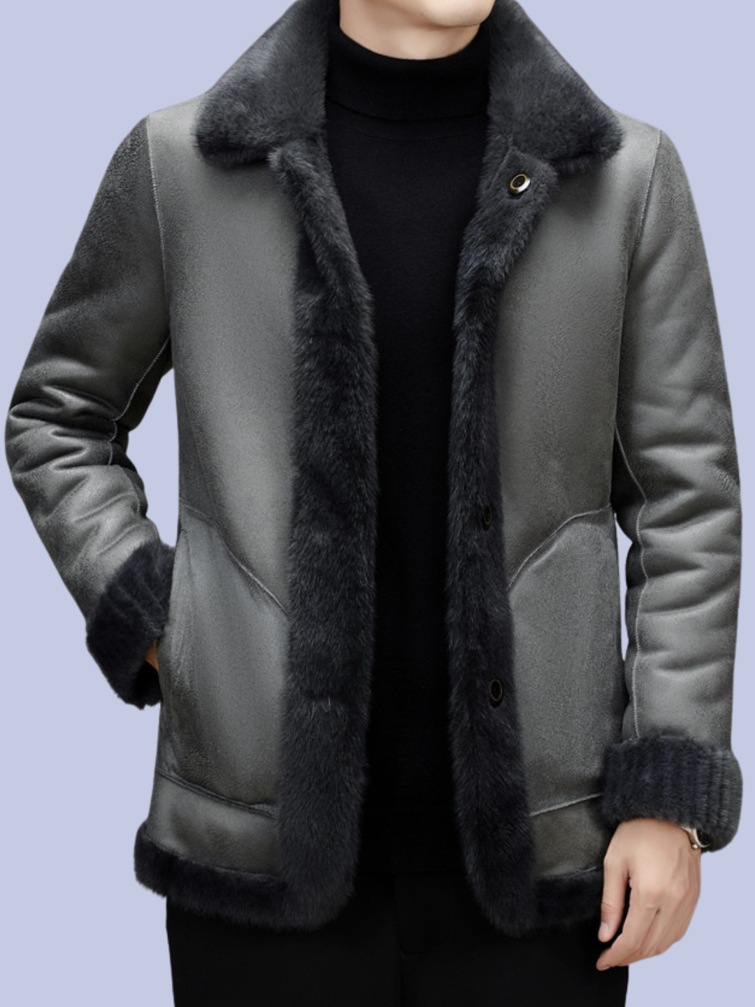 A model with the reverse slate gray Reversible Faux Fur Polyurethane Leather Jacket