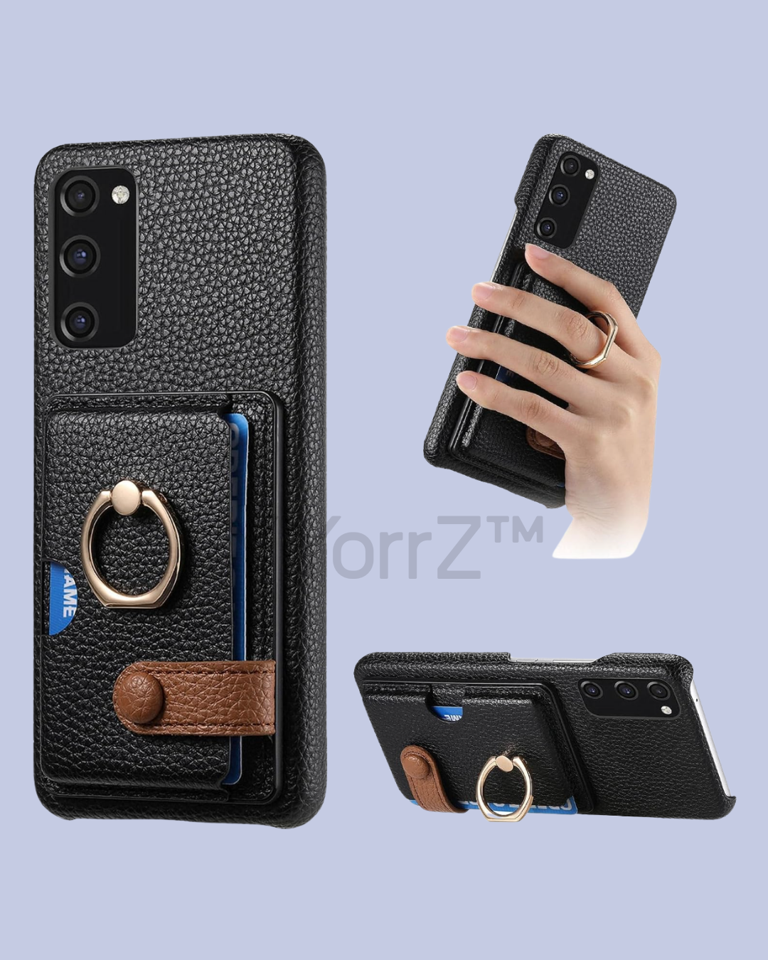 All displays of the black Galaxy A52 Card Slot Leather Case