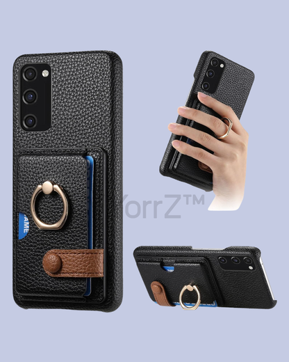 All displays of the black Galaxy A52 Card Slot Leather Case