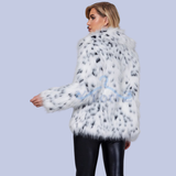 Another back display of the White Ocelot Leopard Print Faux Fur Notch Collar Coat
