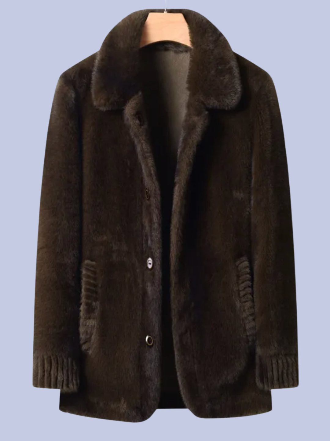 Another display of the dark espresso brown Reversible Faux Fur Polyurethane Leather Jacket