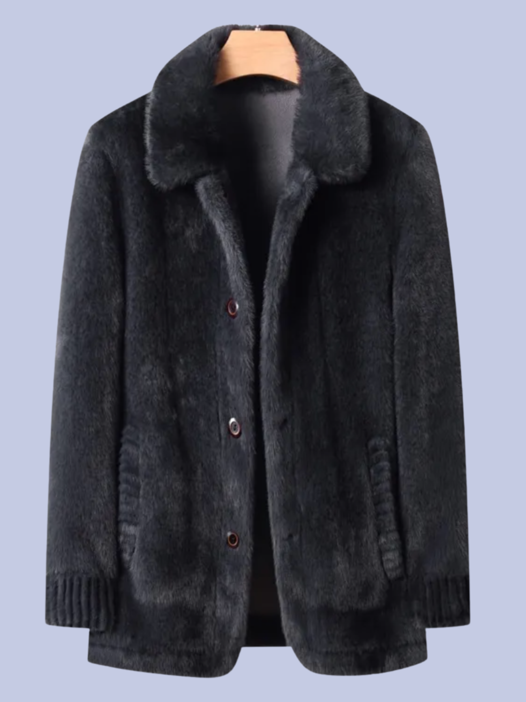 Another display of the front view of the rich black Reversible Faux Fur Polyurethane Leather Jacket