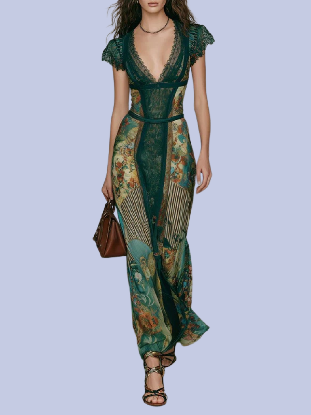 Another front view of the Boho Green Floral Patchwork  V-Neck Maxi Dress