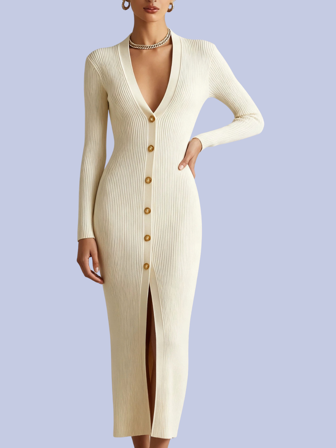 Another view of the Ribbed Long Sleeve V Neck Front Button Slit Knit Midi Sweater Dress