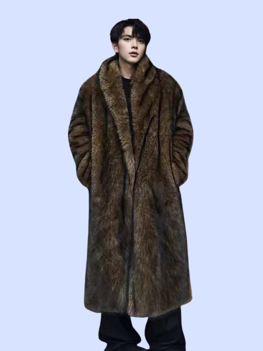 An Asian model showing the front view of the Extra Long Loose Fit Winter Faux Fur Coat