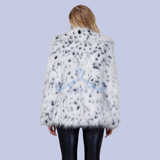 The back display of the White Ocelot Leopard Print Faux Fur Notch Collar Coat