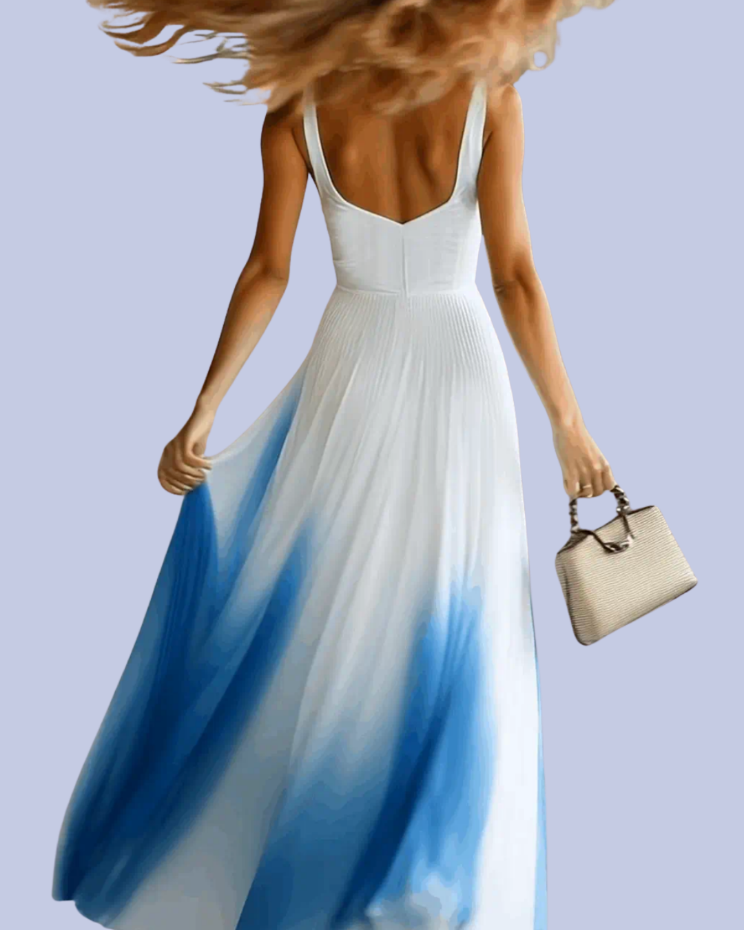 The back side of the White Pleated Ombre Maxi Dress