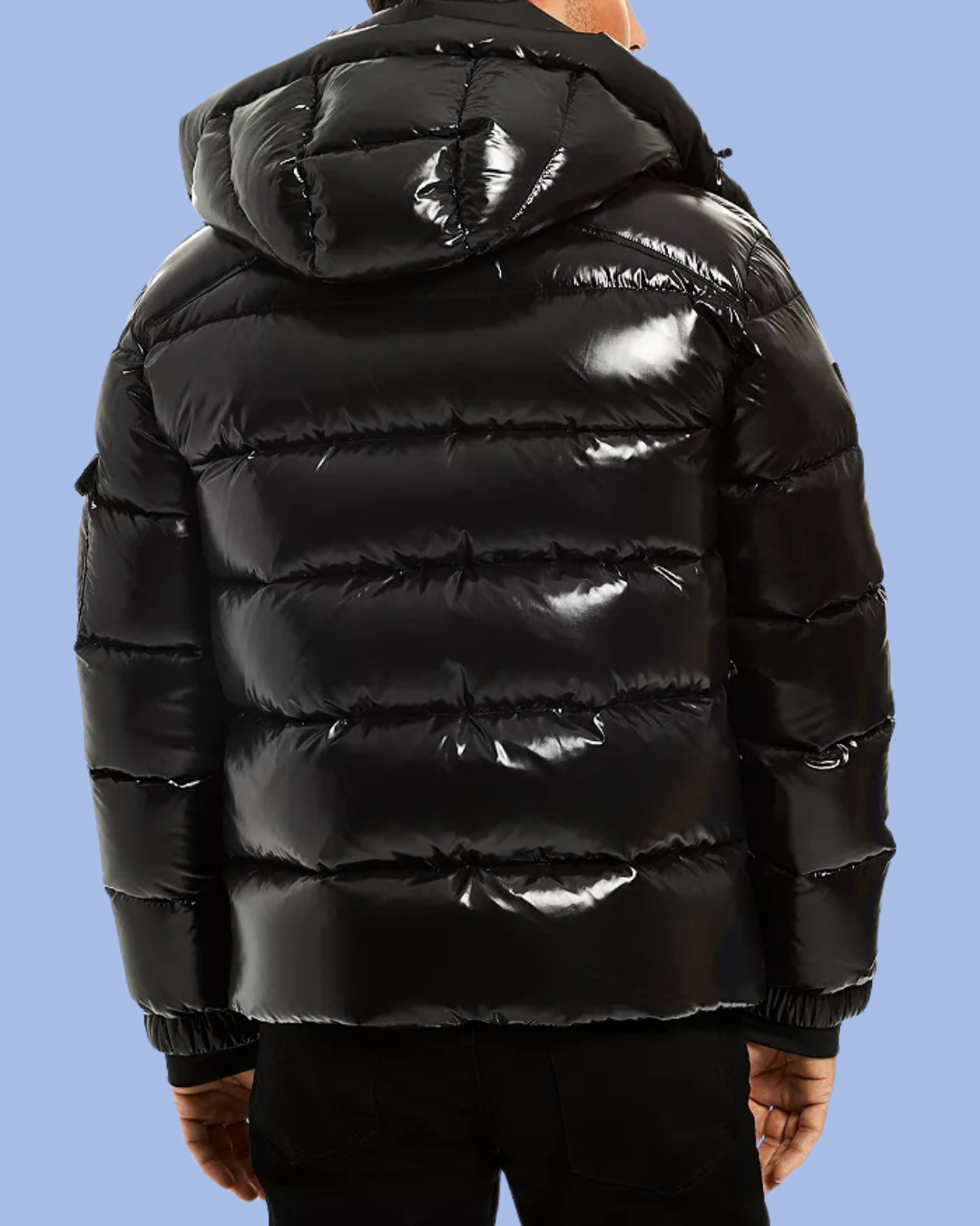 The back view black Glossy Glacier Down Puffer Coat