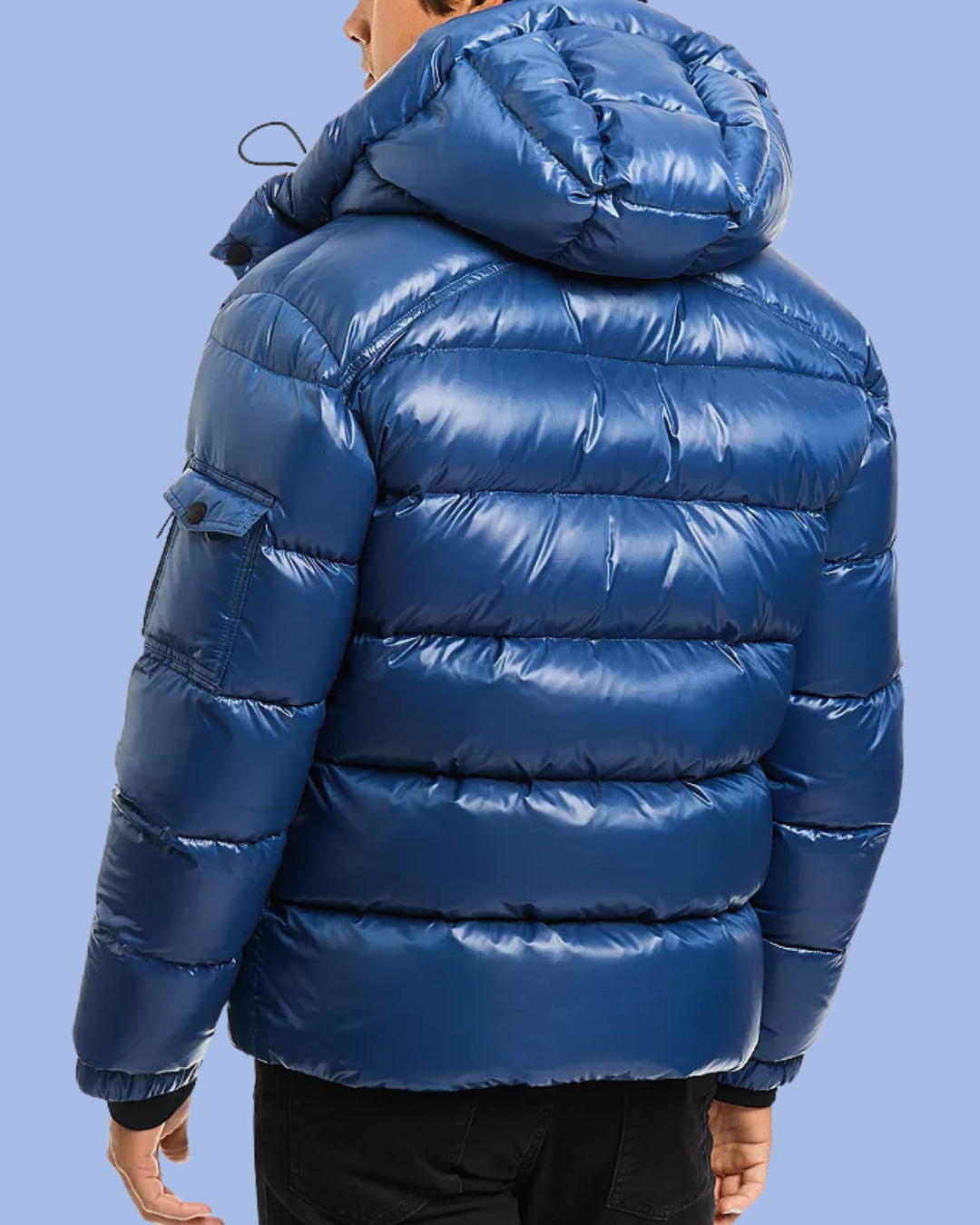 Back view blue Glossy Glacier Down Puffer Coat