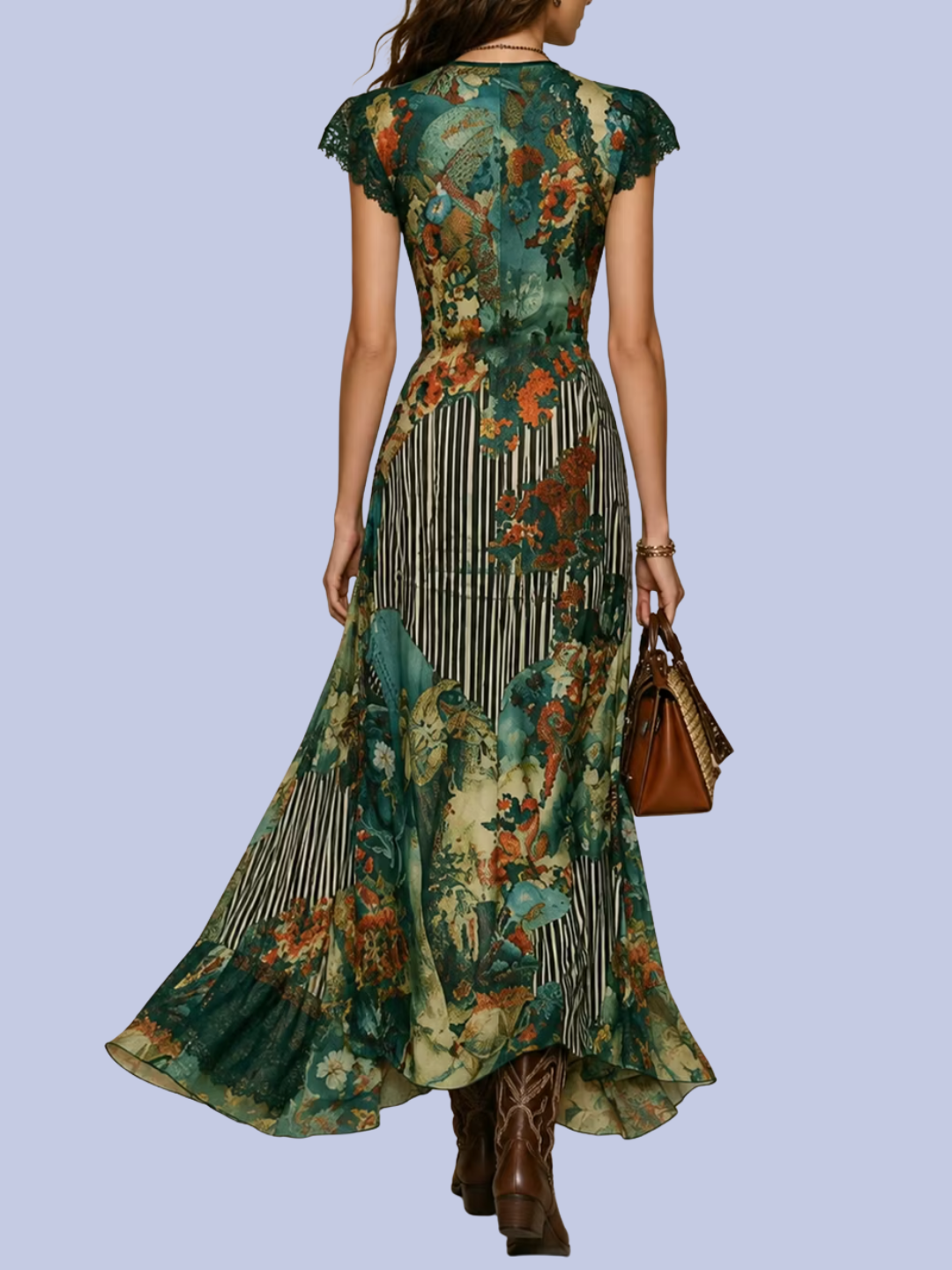 The back view of the Boho Green Floral Patchwork  V-Neck Maxi Dress
