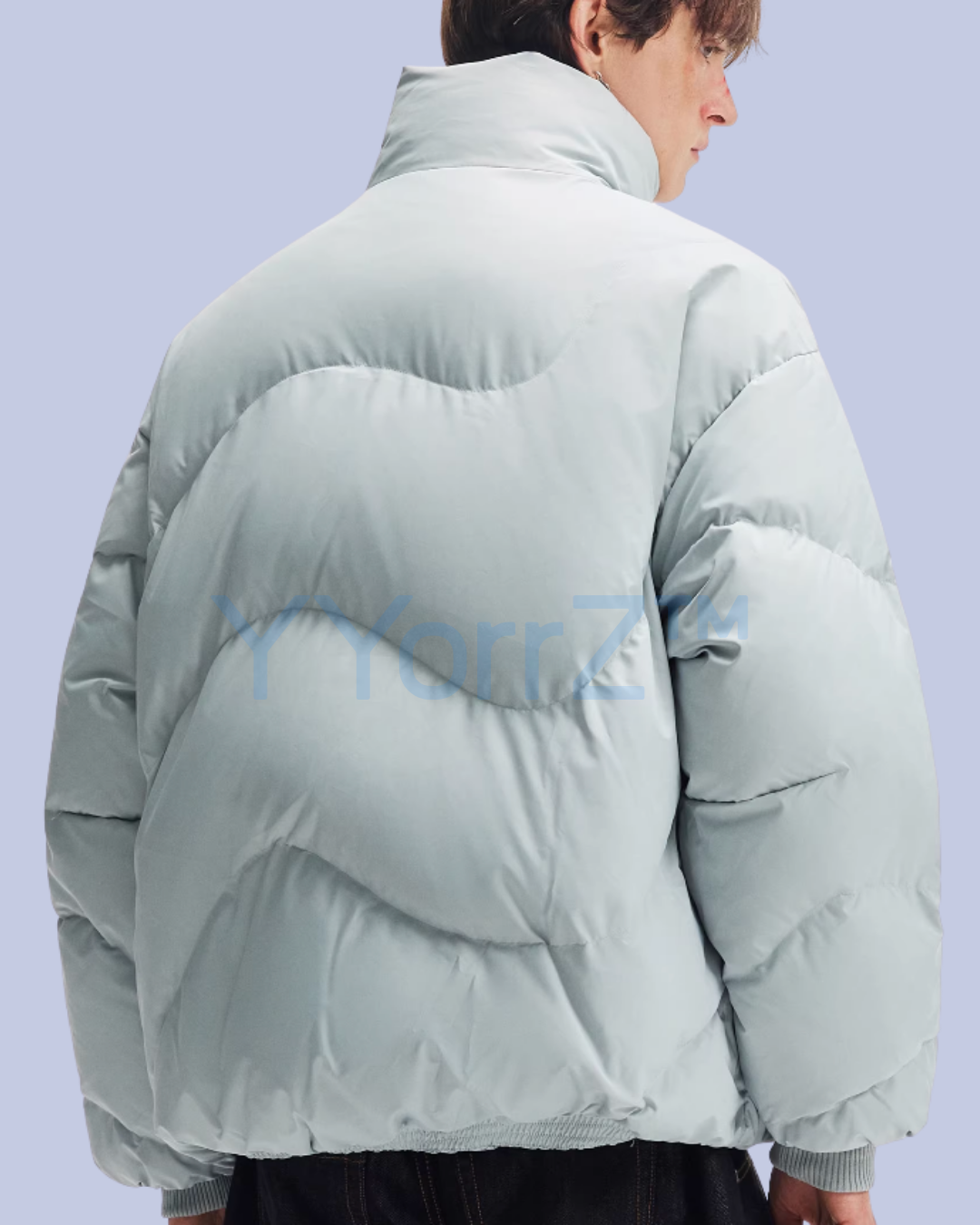 Back view of the Glacier Mist Stand Collar Thick Quilted Puffer Jacket