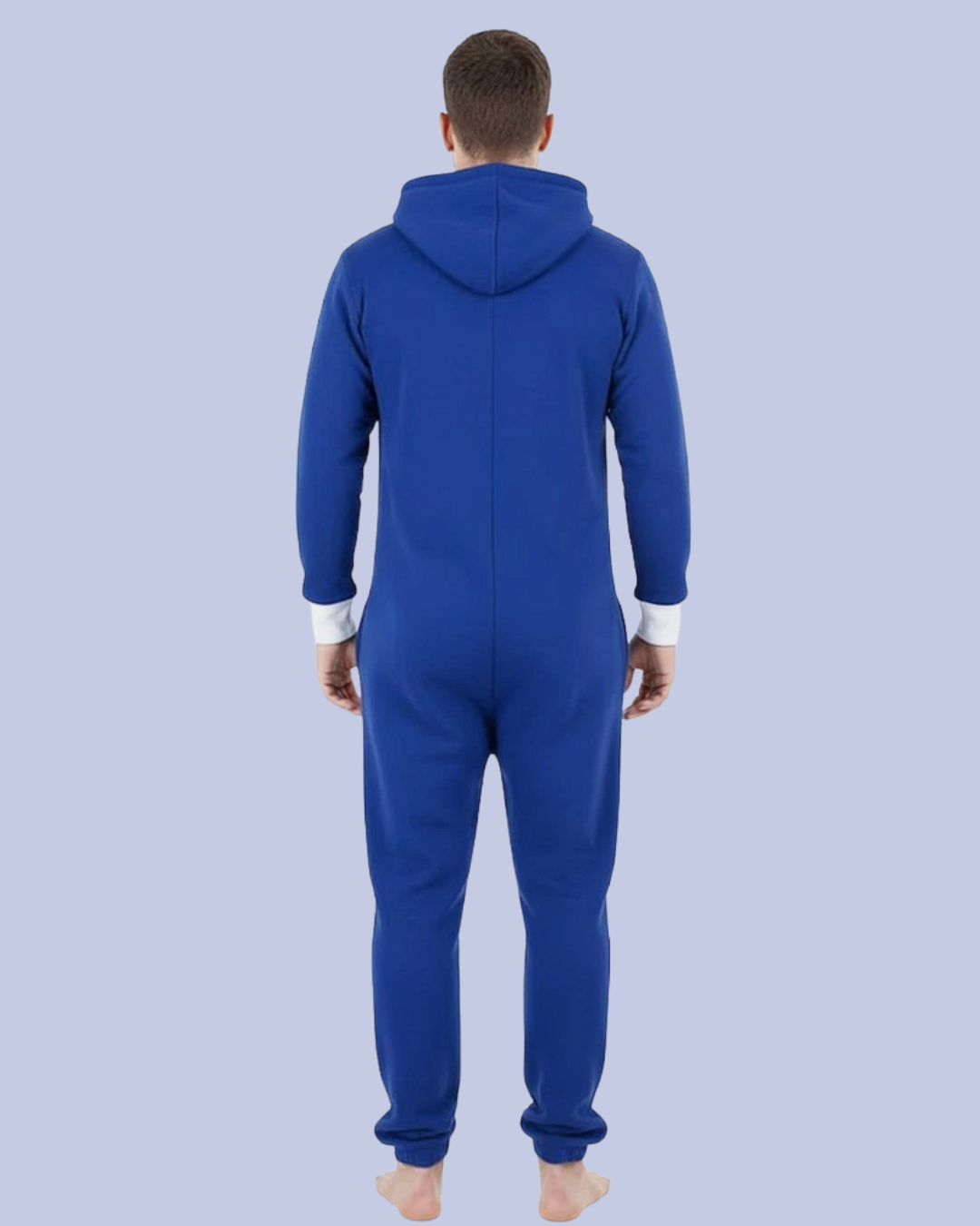 The back view of the Men’s Fleece One Piece Hooded Jumpsuit
