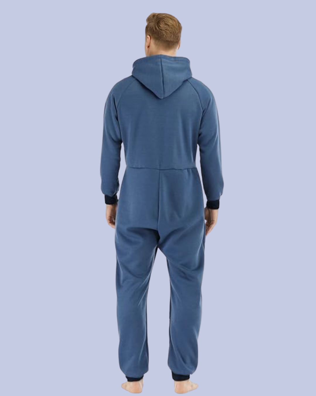 The back view of the navy blue Men’s Fleece One Piece Hooded Jumpsuit