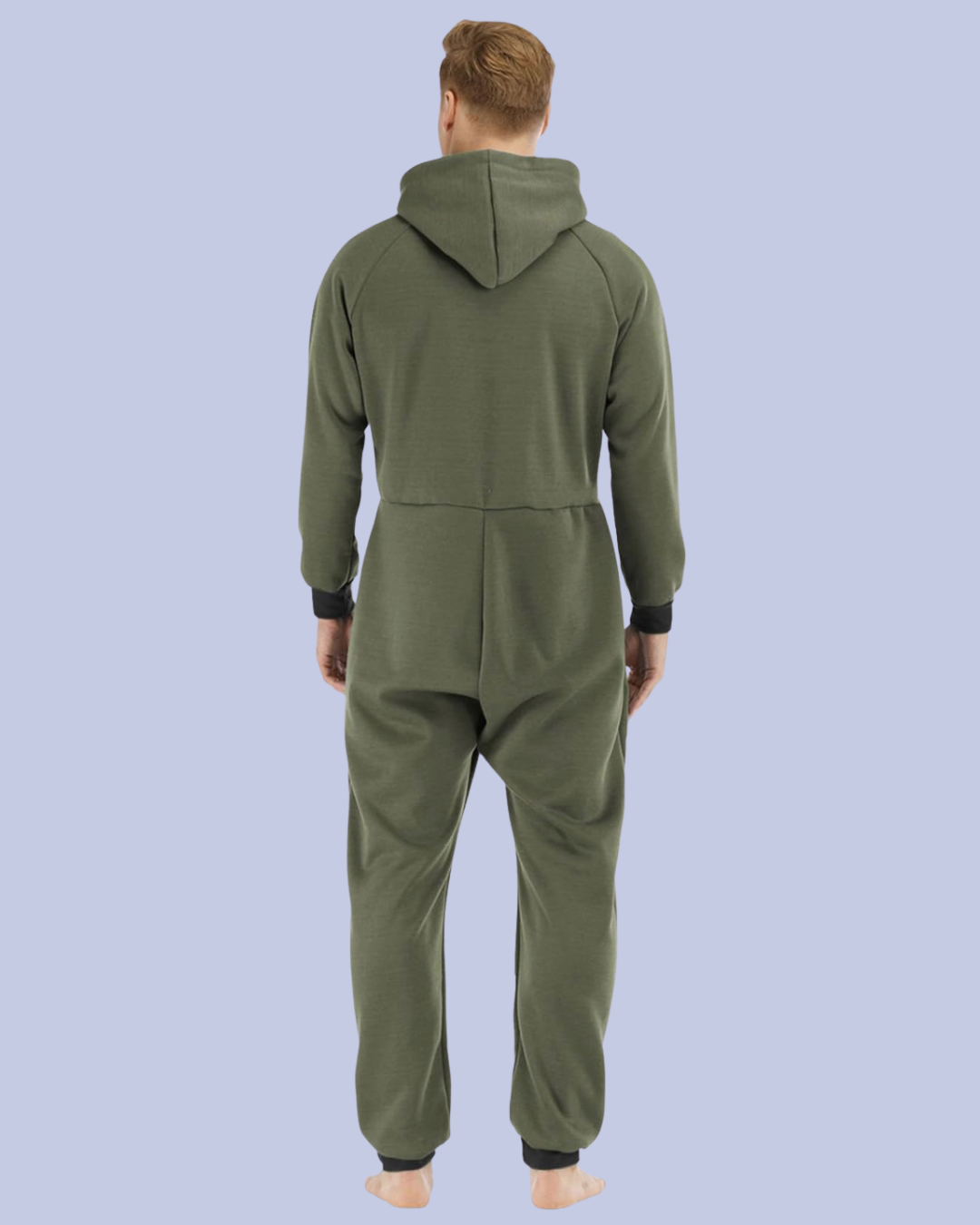 The back view of the olive green Men’s Fleece One Piece Hooded Jumpsuit