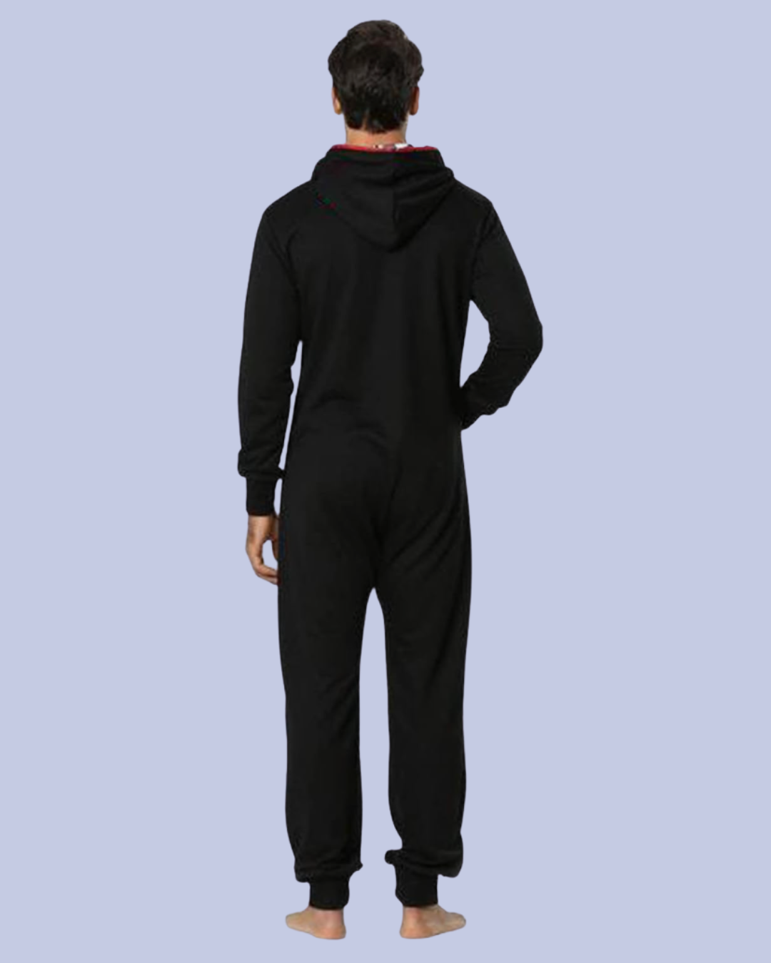 The back view of the black and red Men’s Fleece One Piece Hooded Jumpsuit