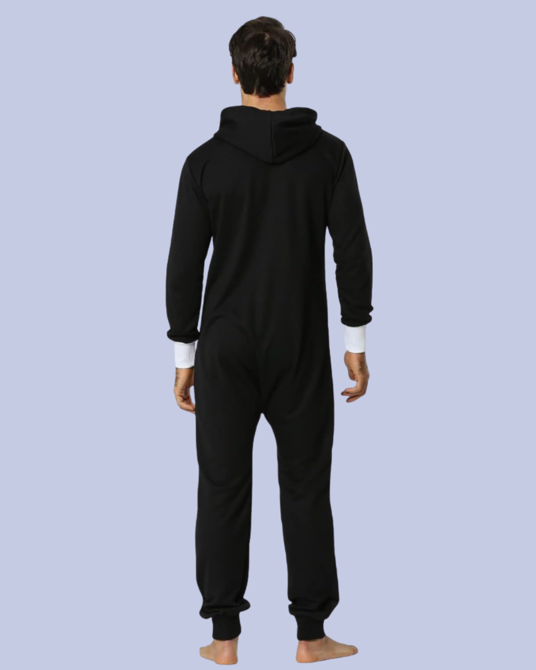 The back view of the black and white Men’s Fleece One Piece Hooded Jumpsuit