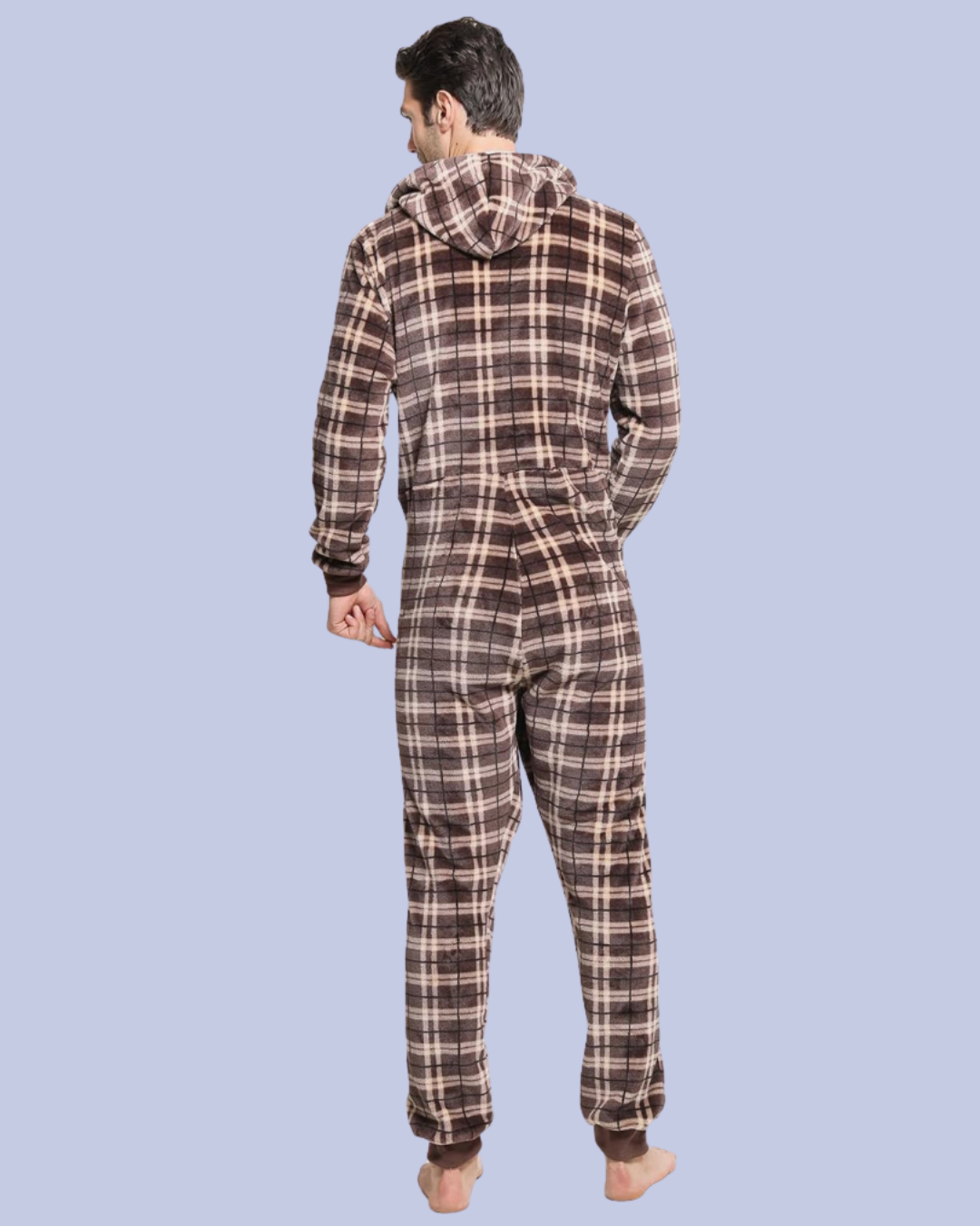 Back view of the dark brown shade Men’s Fleece One Piece Hooded Jumpsuit