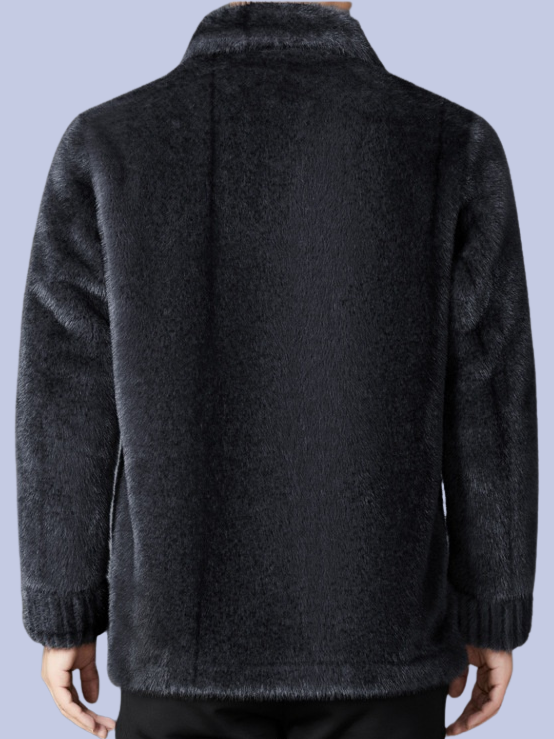 The back view of the slate gray Reversible Faux Fur Polyurethane Leather Jacket