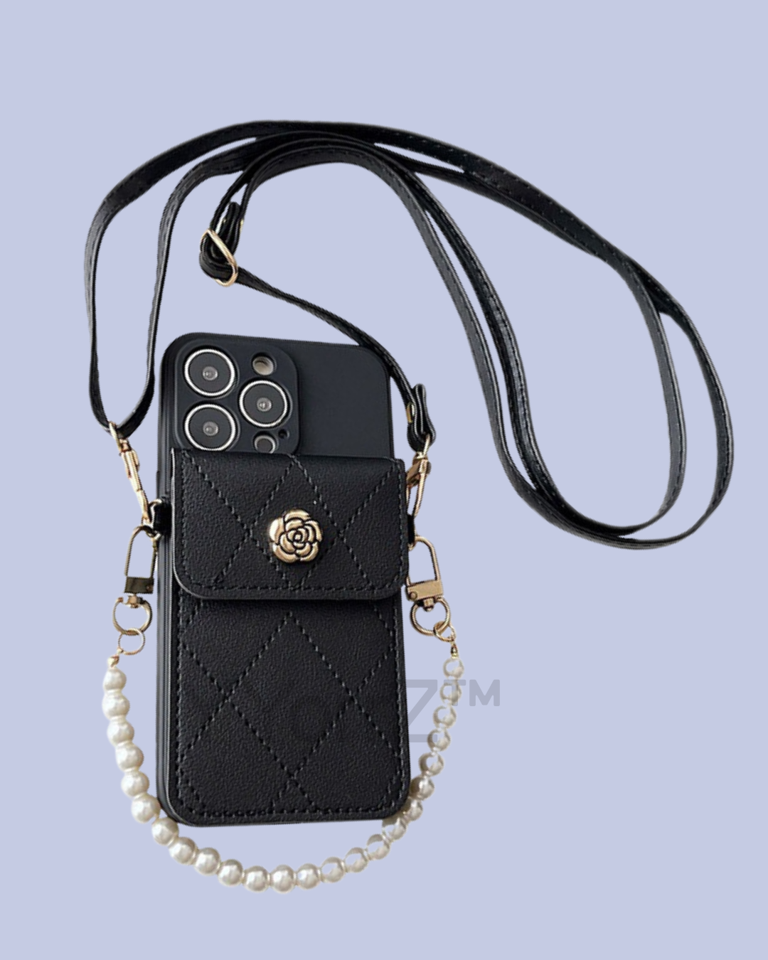 Crossbody Quilted iPhone Wallet Case with Pearl Chain Strap