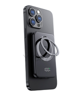The black Magnetic MagSafe 5000mAh Power Bank with Metal Ring Stand, Fast Charging & Smart LED Display with an iPhone attached.