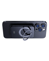 The vertical view of the black Magnetic MagSafe 5000mAh Power Bank with Metal Ring Stand, Fast Charging & Smart LED Display