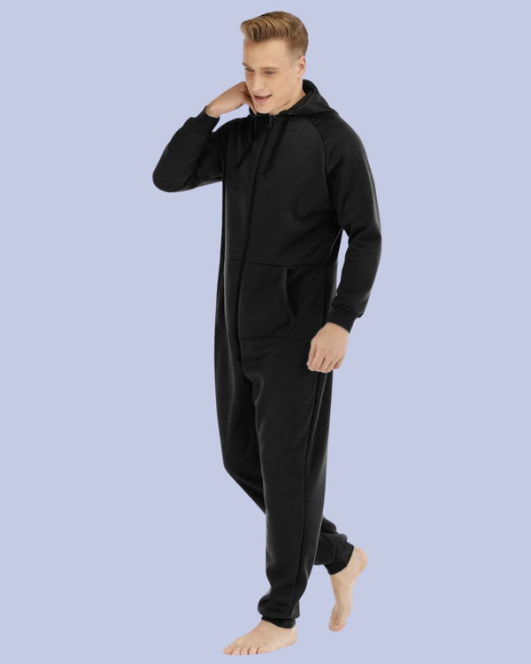 The black Men’s Fleece One Piece Hooded Jumpsuit