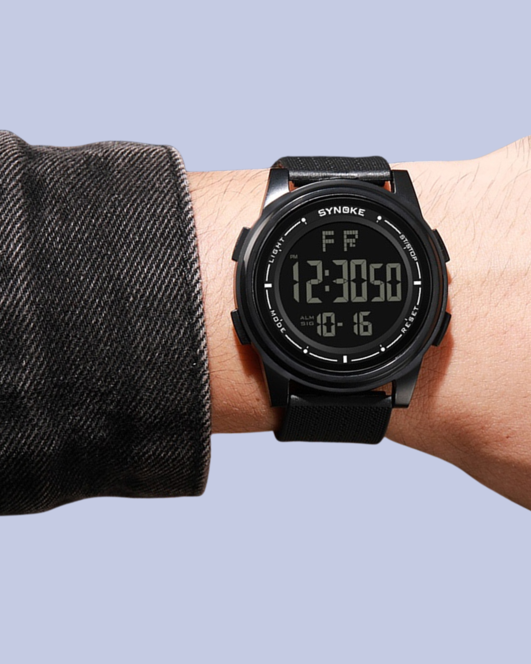 The black SYNOKE 9822 Waterproof Digital Sports Watch in real life