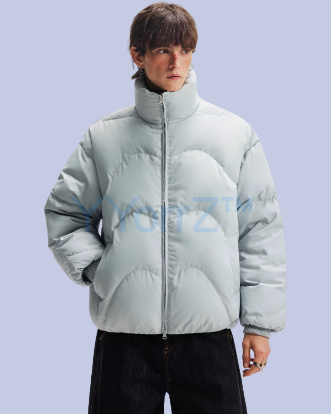 A model with a Buttoned Glacier Mist Stand Collar Thick Quilted Puffer Jacket