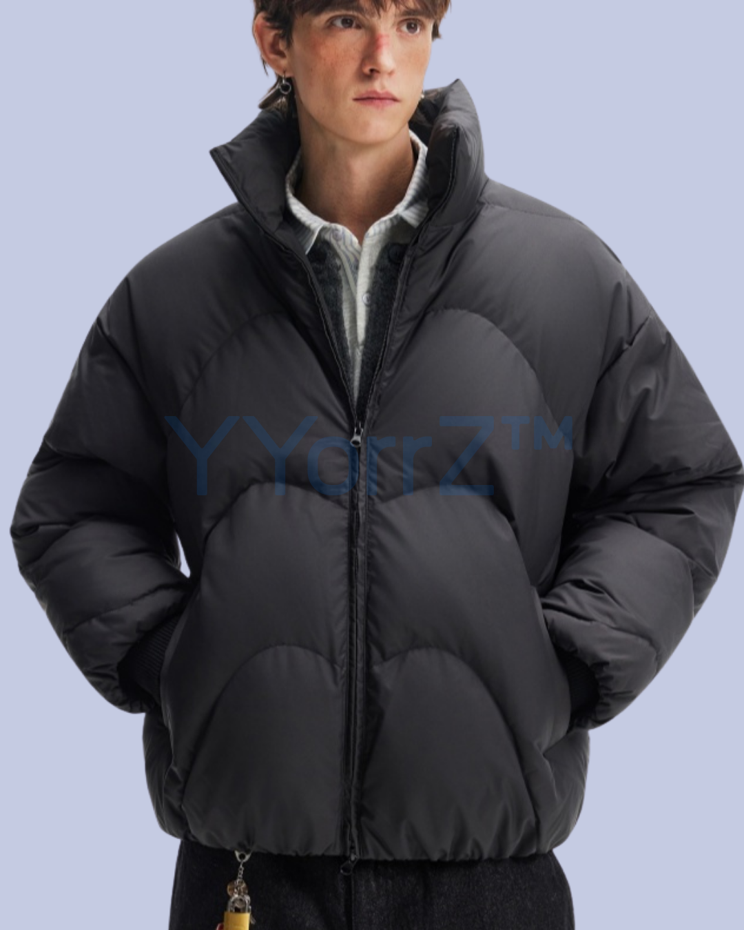 A model with a buttoned Jet Black Stand Collar Thick Quilted Puffer Jacket.