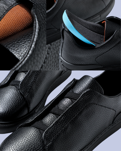 A closer view of the Black Triple Stitch Slip-On Low-Top Sneakers