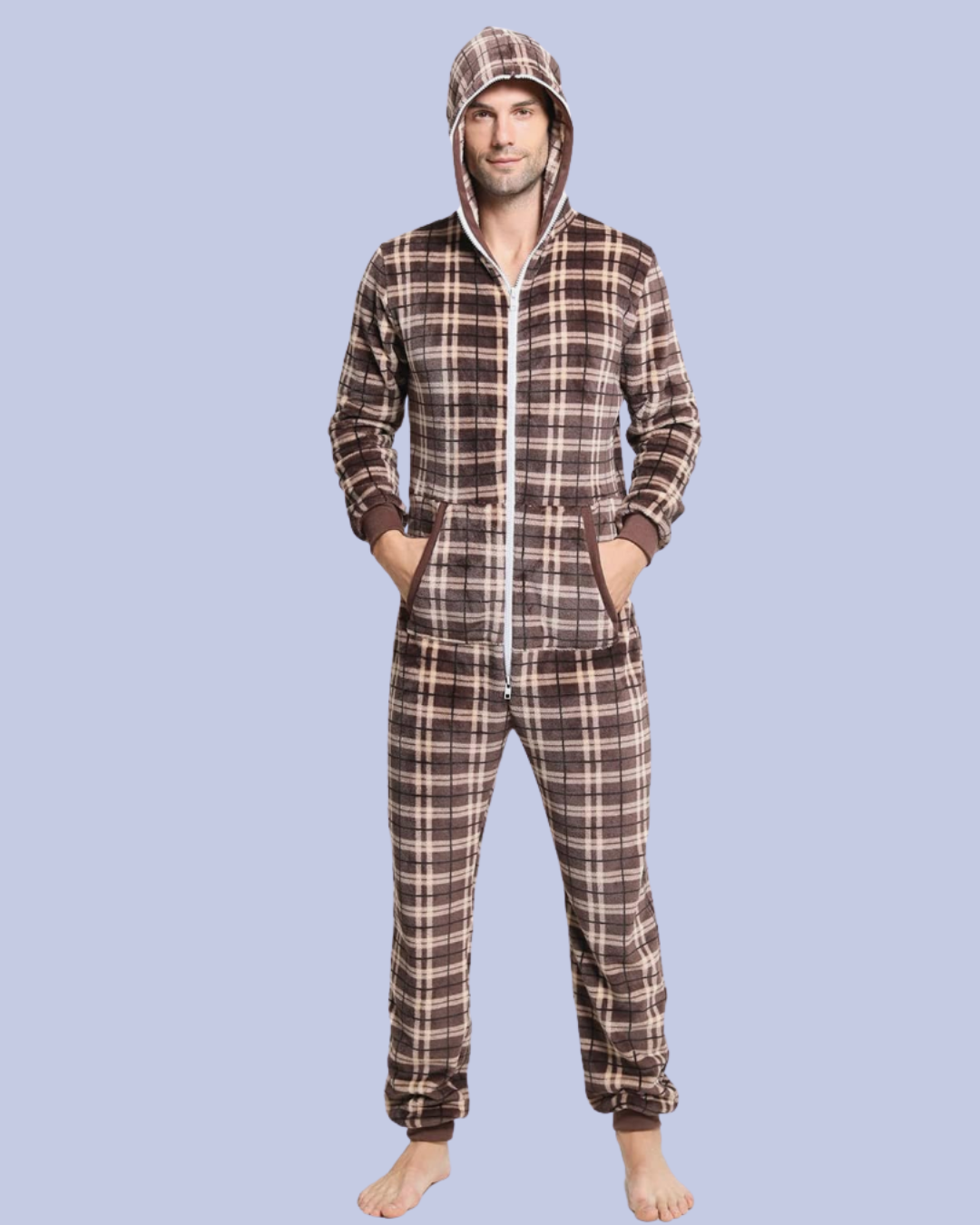 The dark brown shade of the Men’s Fleece One Piece Hooded Jumpsuit