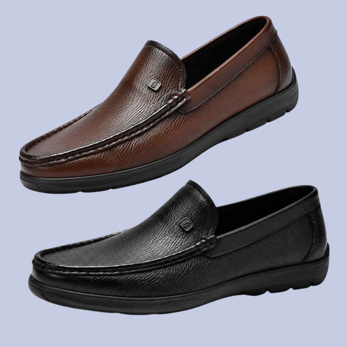 The Deep Onyx Black and Chestnut Brown Men's Full-Grain Leather Dress Slip-On Loafers