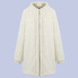 The front view of the Soft White Faux Fur Overcoat on display