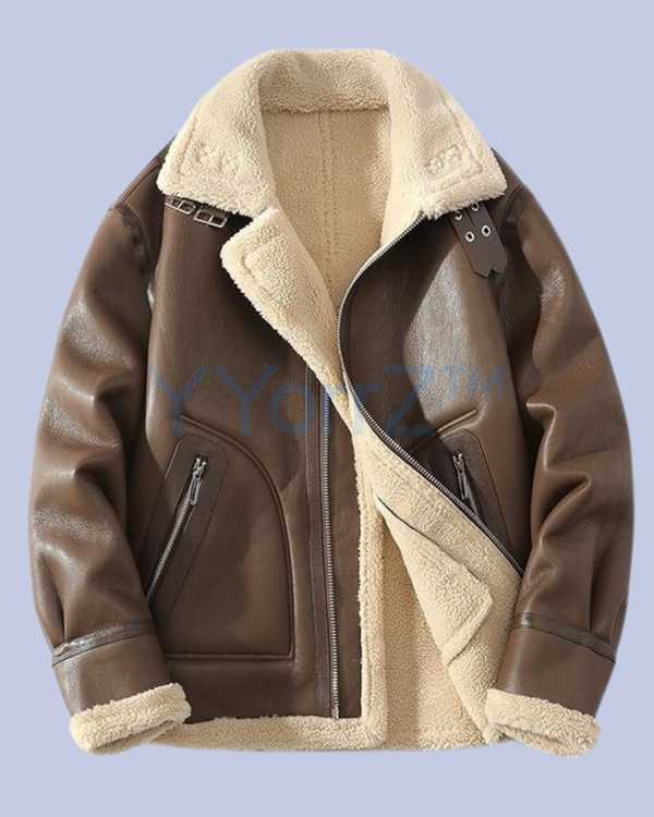 A display of the Thick Vintage Faux Leather Curly Shearling Lining Jacket