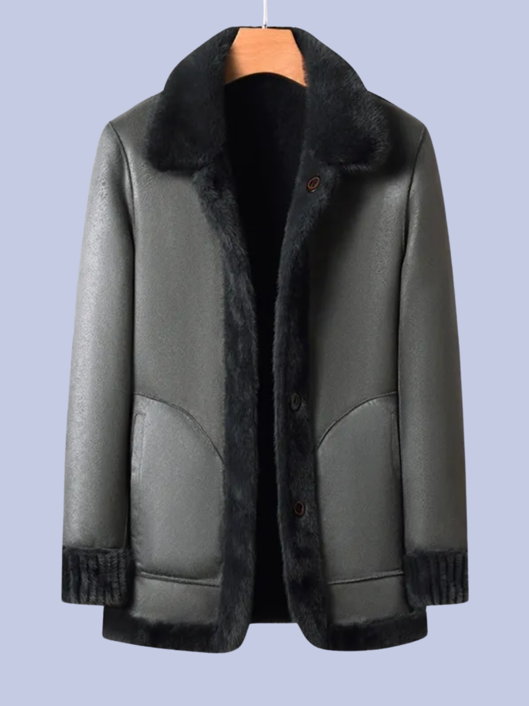A display of the reverse rich black Reversible Faux Fur Polyurethane Leather Jacket