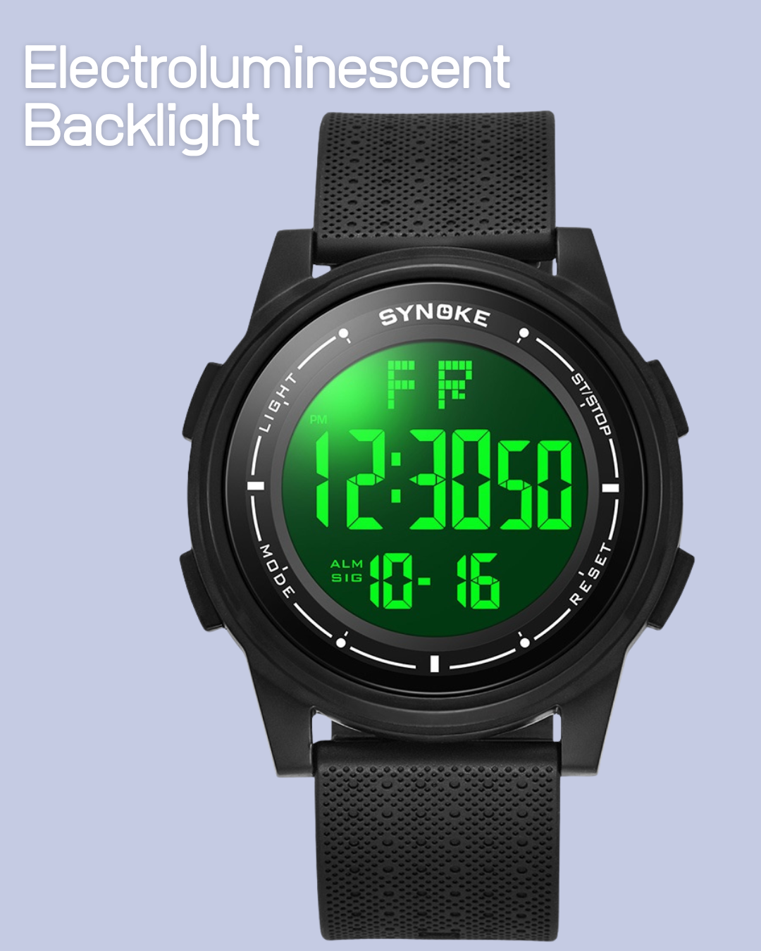 The electroluminescent backlight of the SYNOKE 9822 Waterproof Digital Sports Watch