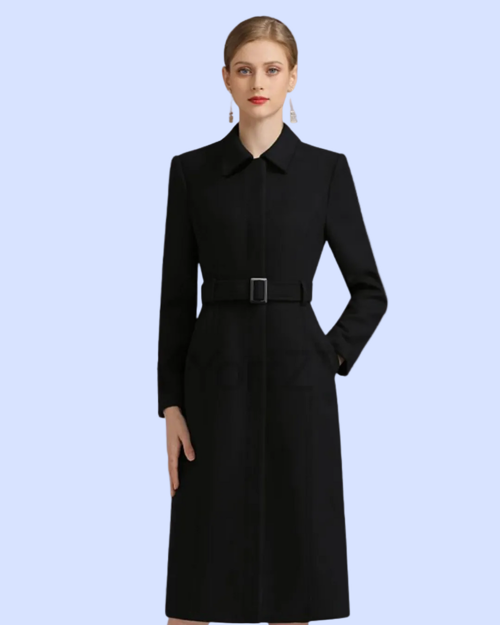 Front view of the Long Black Belted Wool Coat