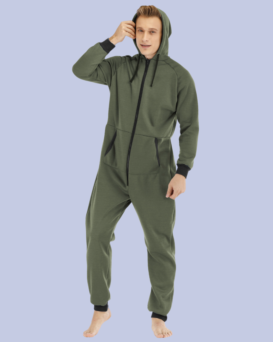 The front view of the olive green Men’s Fleece One Piece Hooded Jumpsuit