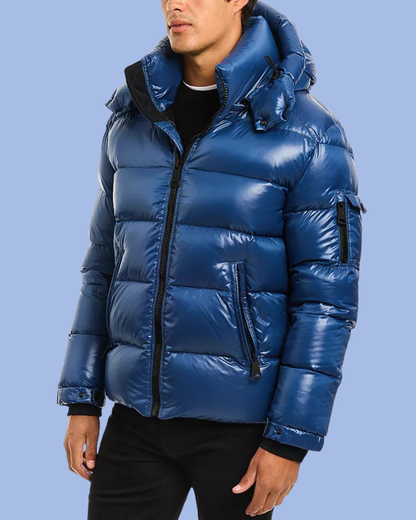 Front view blue Glossy Glacier Down Puffer Coat