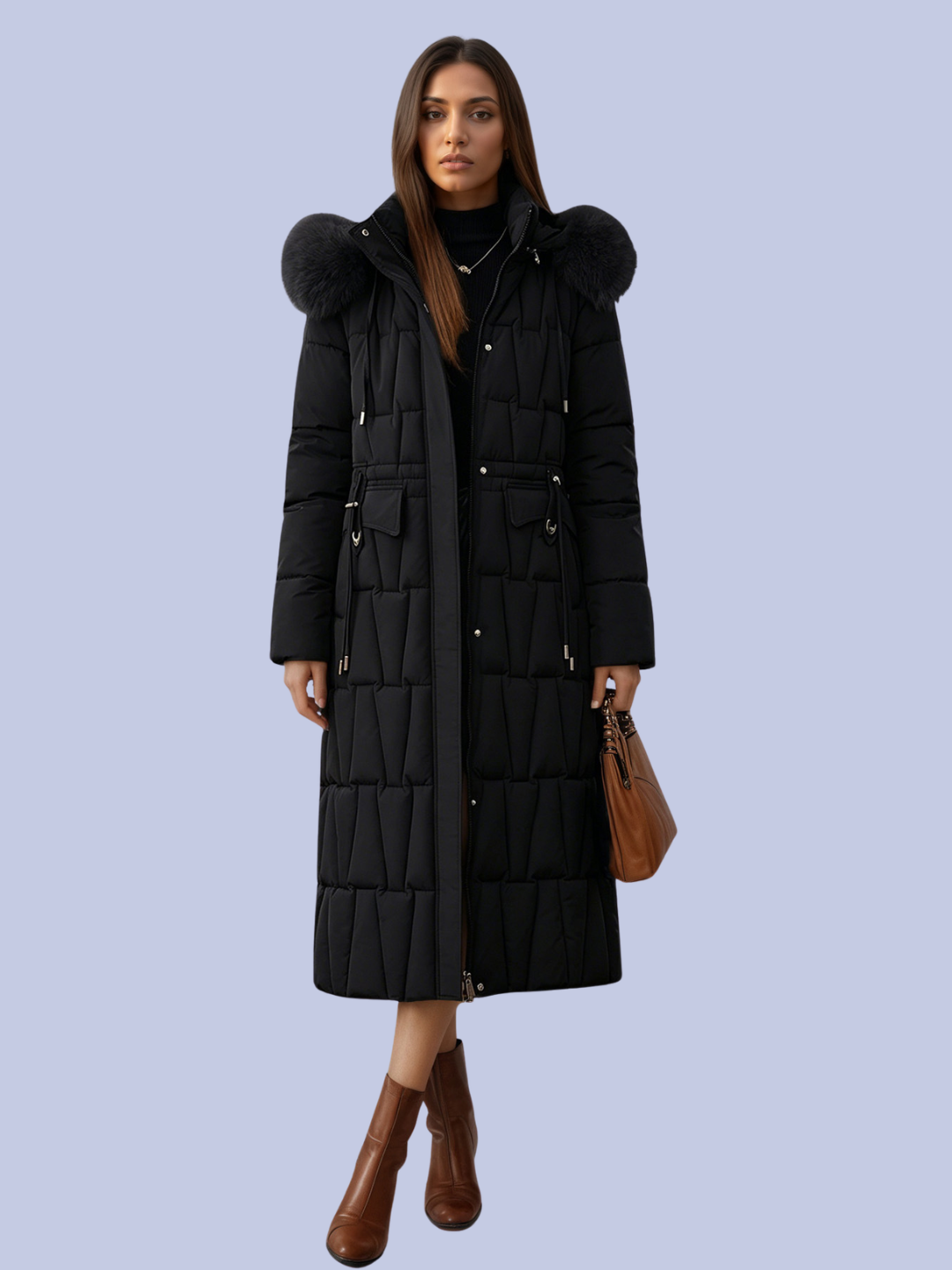 Front view of the Black Longline Detachable Sleeves Faux Fur Hood Winter Puffer Parka Coat