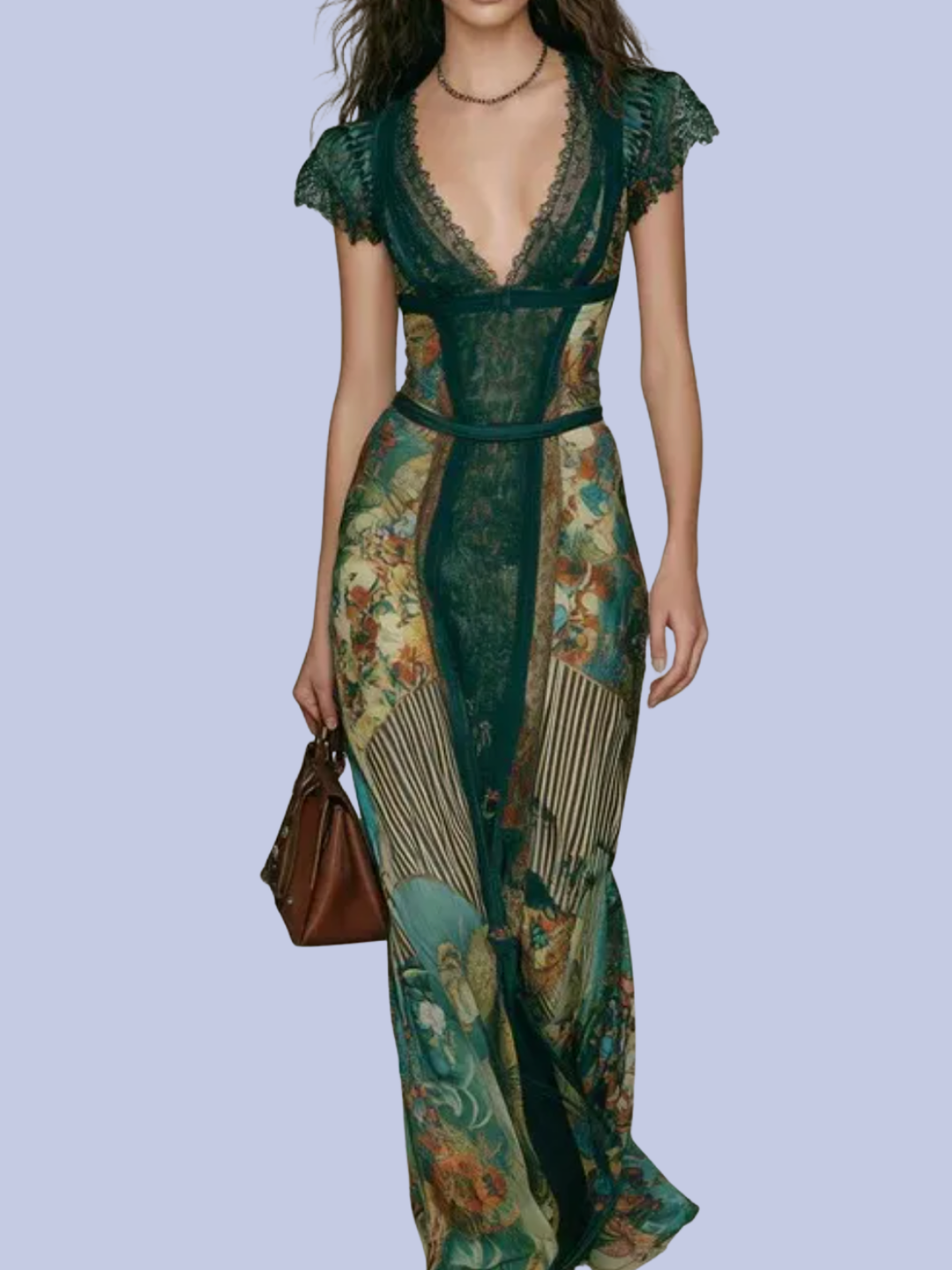 The front view of the Boho Green Floral Patchwork  V-Neck Maxi Dress
