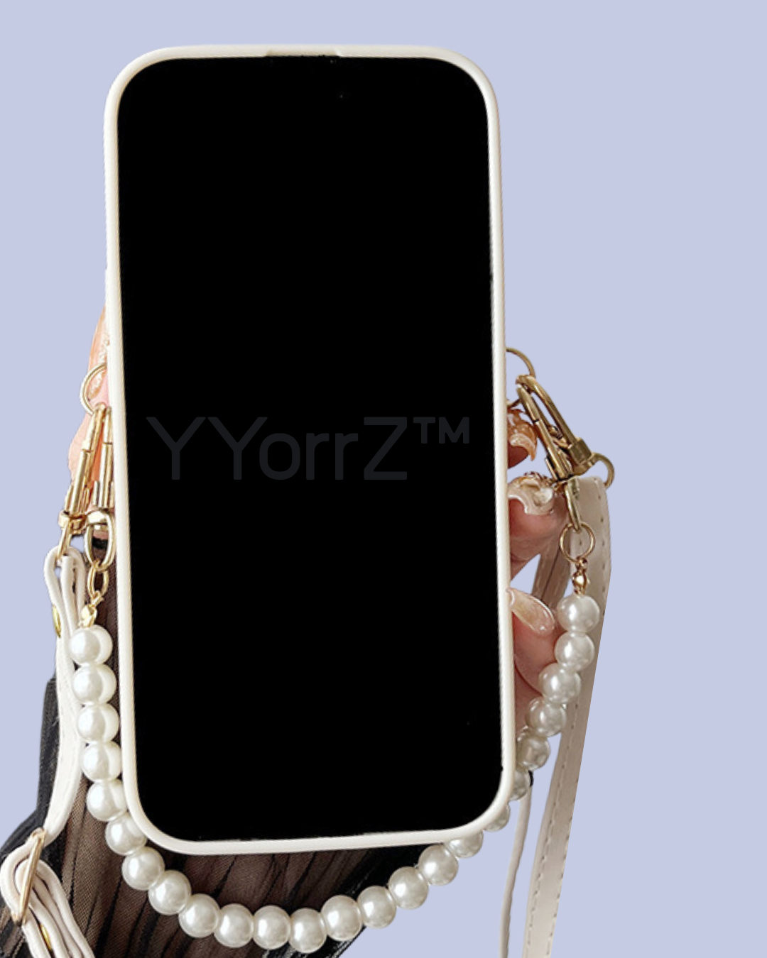 The front view of the Crossbody Quilted iPhone Wallet Case with Pearl Chain Strap